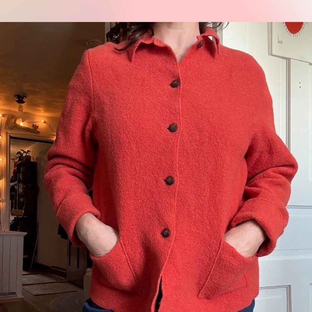 Lands' End Women's Orange Teddy Jacket 100% Wool